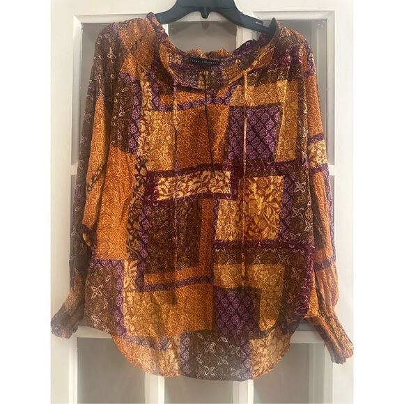 Women's Multicolor V-Neck long Sleeve Peasant tunic Blouse Size Small - Picture 2 of 8